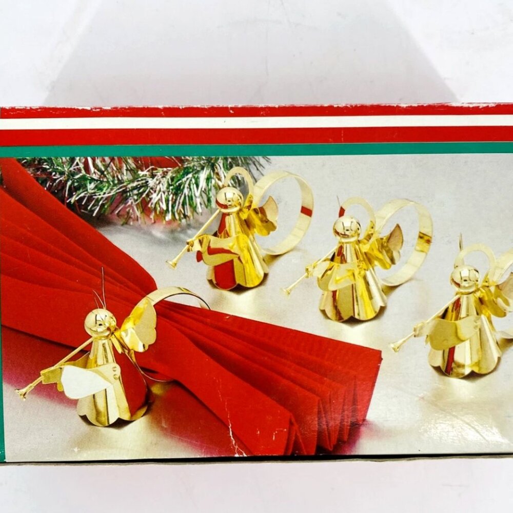 NOS Vintage 80's Set Of 4 Brass Plated Angel Napkin Rings Christmas Decor